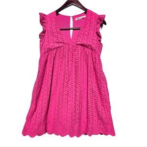 The Impeccable Pig Eyelet Babydoll Romper Ruffle Sleeve Hot Pink Women’s Small